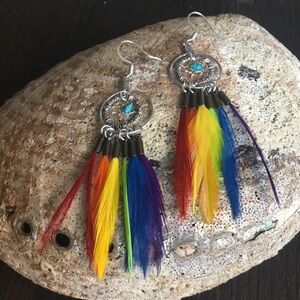 Colorful LGBTQ Dream Catcher Earrings with Turquoise & Rainbow Feathers Fringe